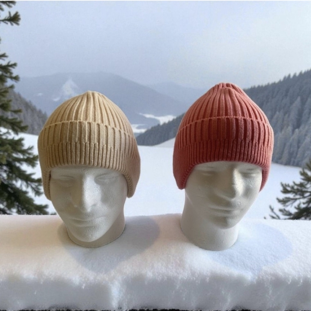 50% Wool 50% Acrylic Ear Covering/Warmer Beanie Hats 2ct Beige & Peach